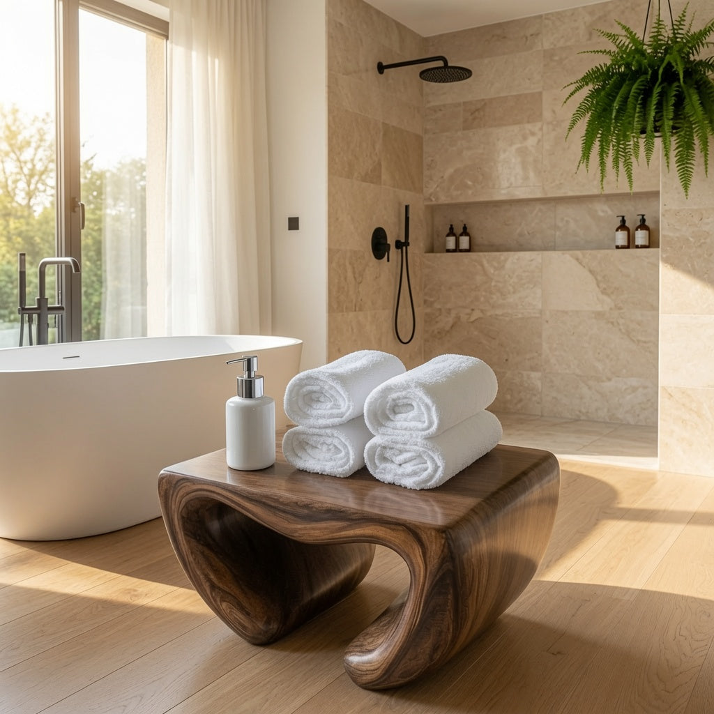 Organic hardwood shower bench enhancing a luxury bathroom