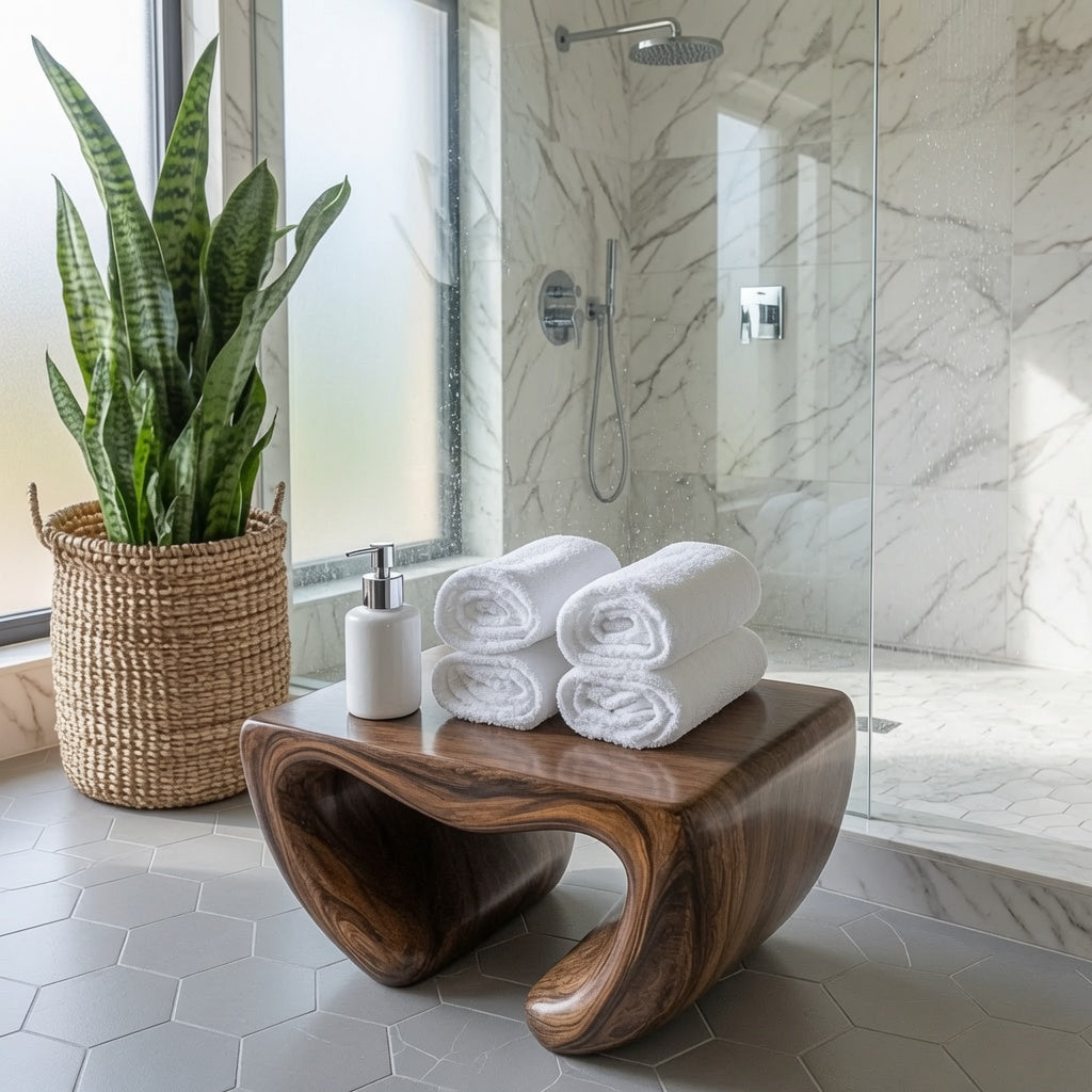 Contemporary wooden shower seat adding natural elegance to a modern bathroom