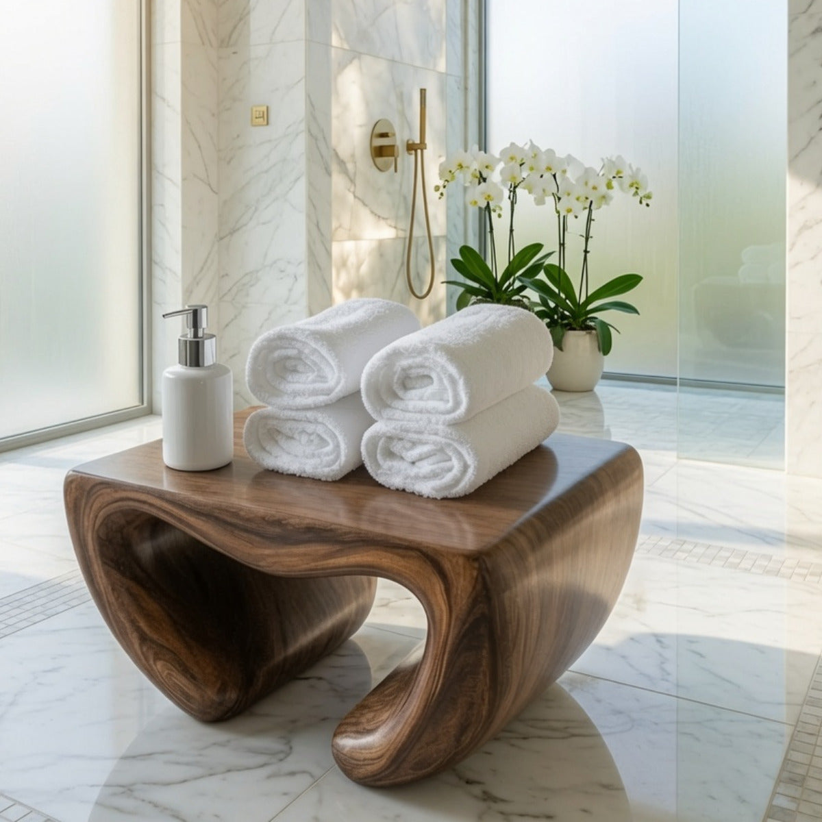 Sculptural solid wood bath bench in a minimalist wellness space