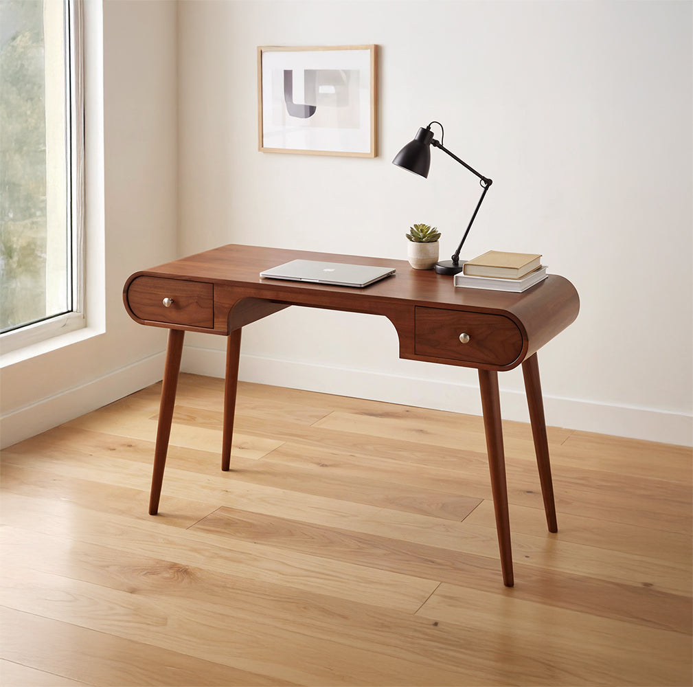 Handcrafted curved edge desk with storage displayed in a contemporary home office