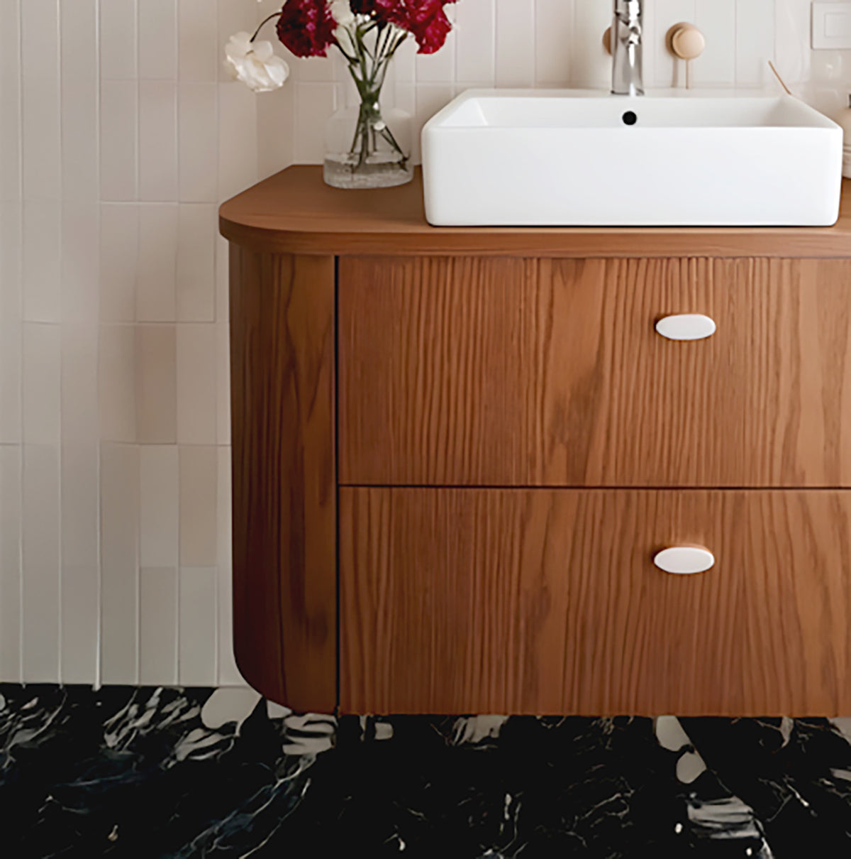Modern Solid Wood Floating Bathroom Vanity with Drawers-Handcrafted Curved Design