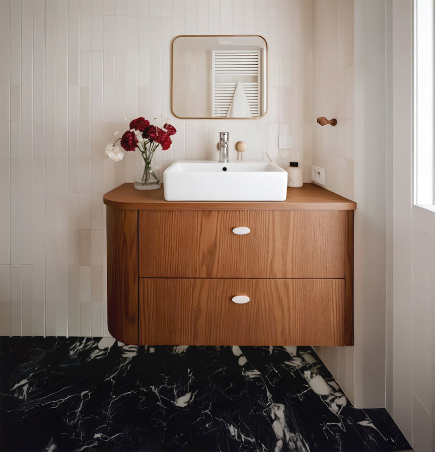 Modern Solid Wood Floating Bathroom Vanity with Drawers-Handcrafted Curved Design