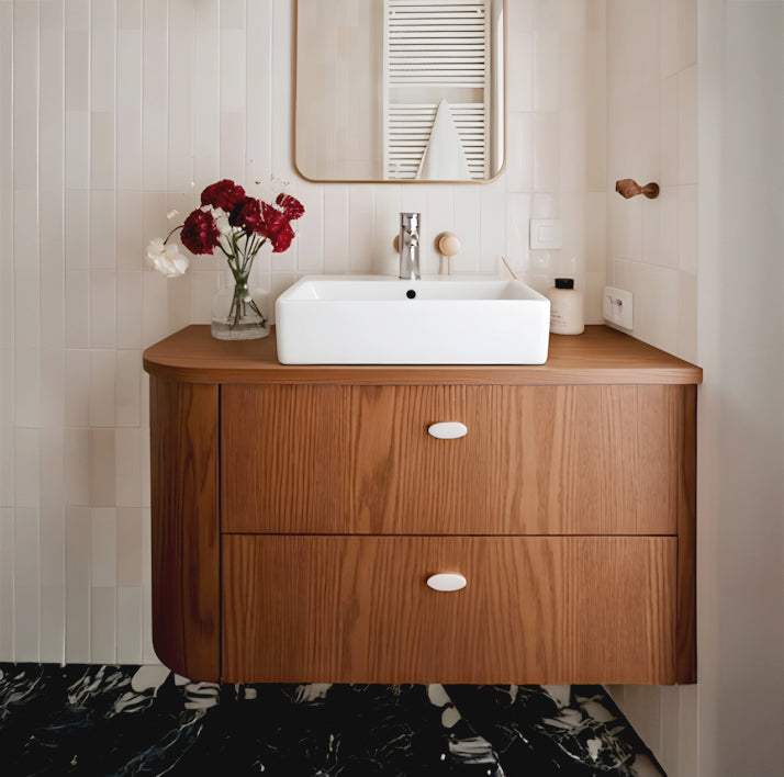 Modern Solid Wood Floating Bathroom Vanity with Drawers-Handcrafted Curved Design