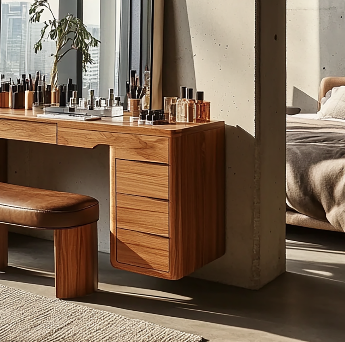 Wall mounted wooden vanity desk for bedroom interiors