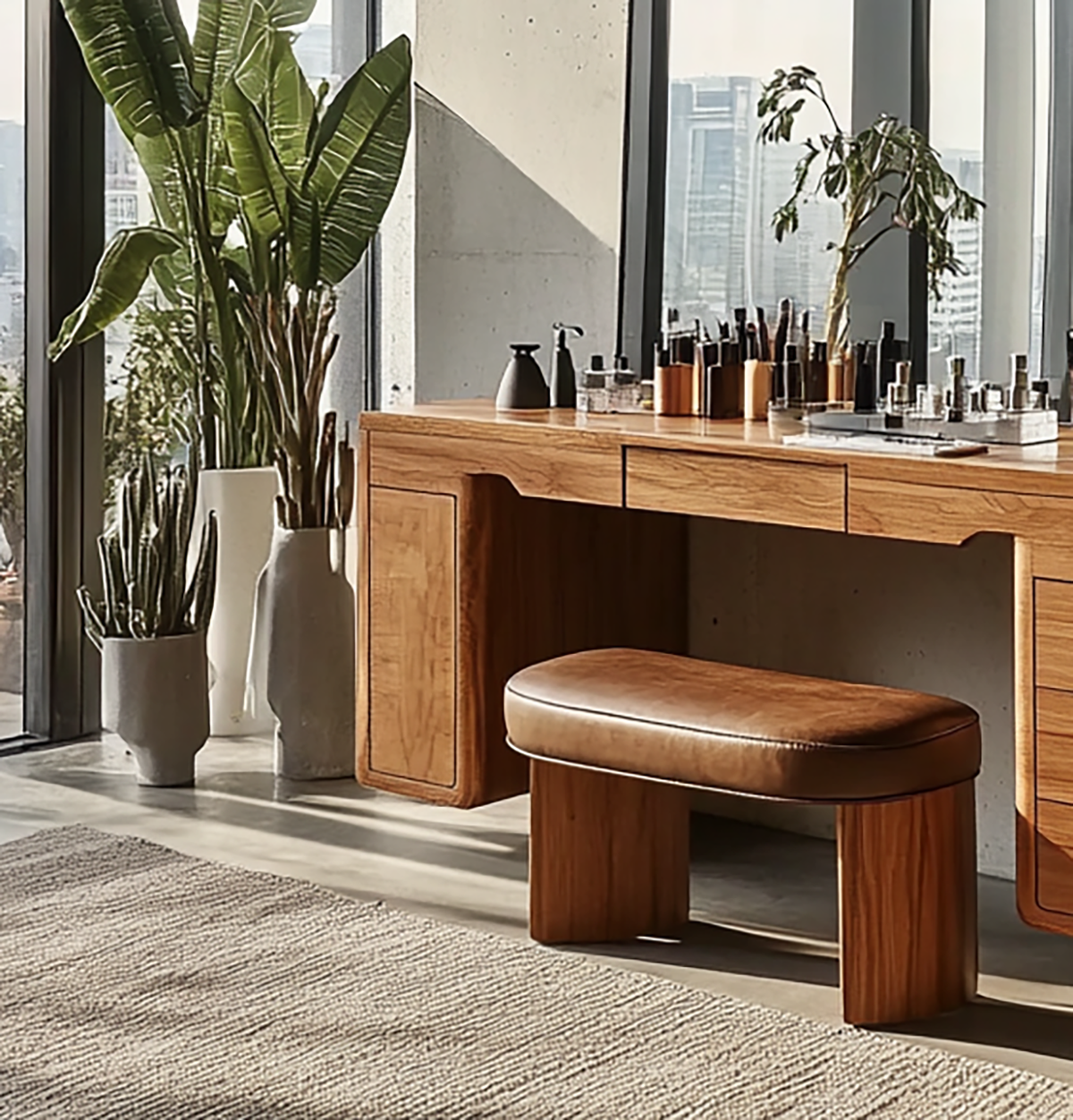 Elegant floating makeup desk with natural wood finish
