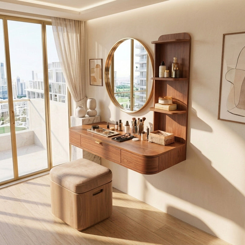 Modern floating wooden vanity desk crafted from solid wood