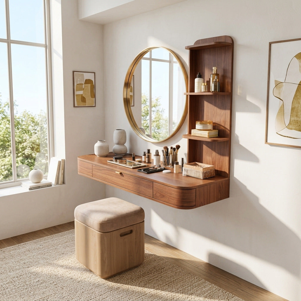 Modern solid wood floating vanity desk in a contemporary interior