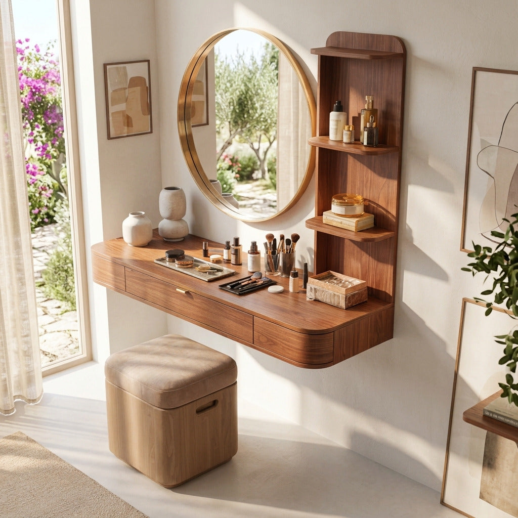 Wall-mounted solid wood vanity desk styled in a minimalist interior