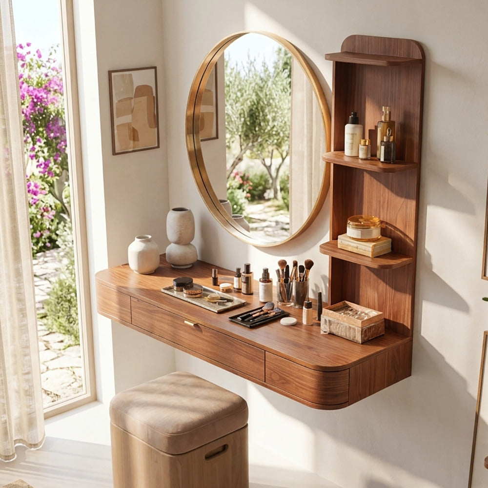 Modern solid wood floating vanity desk with integrated shelving in a contemporary home