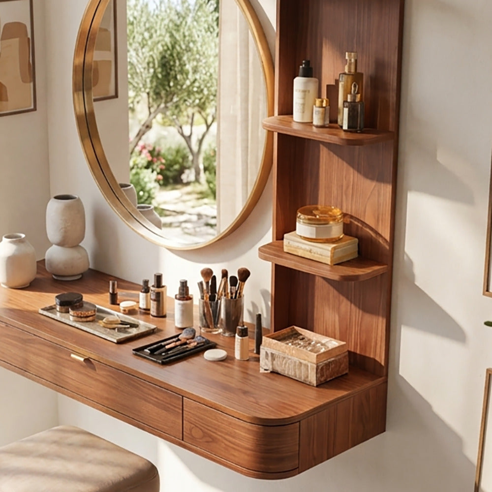 Modern wooden floating vanity desk with integrated shelving