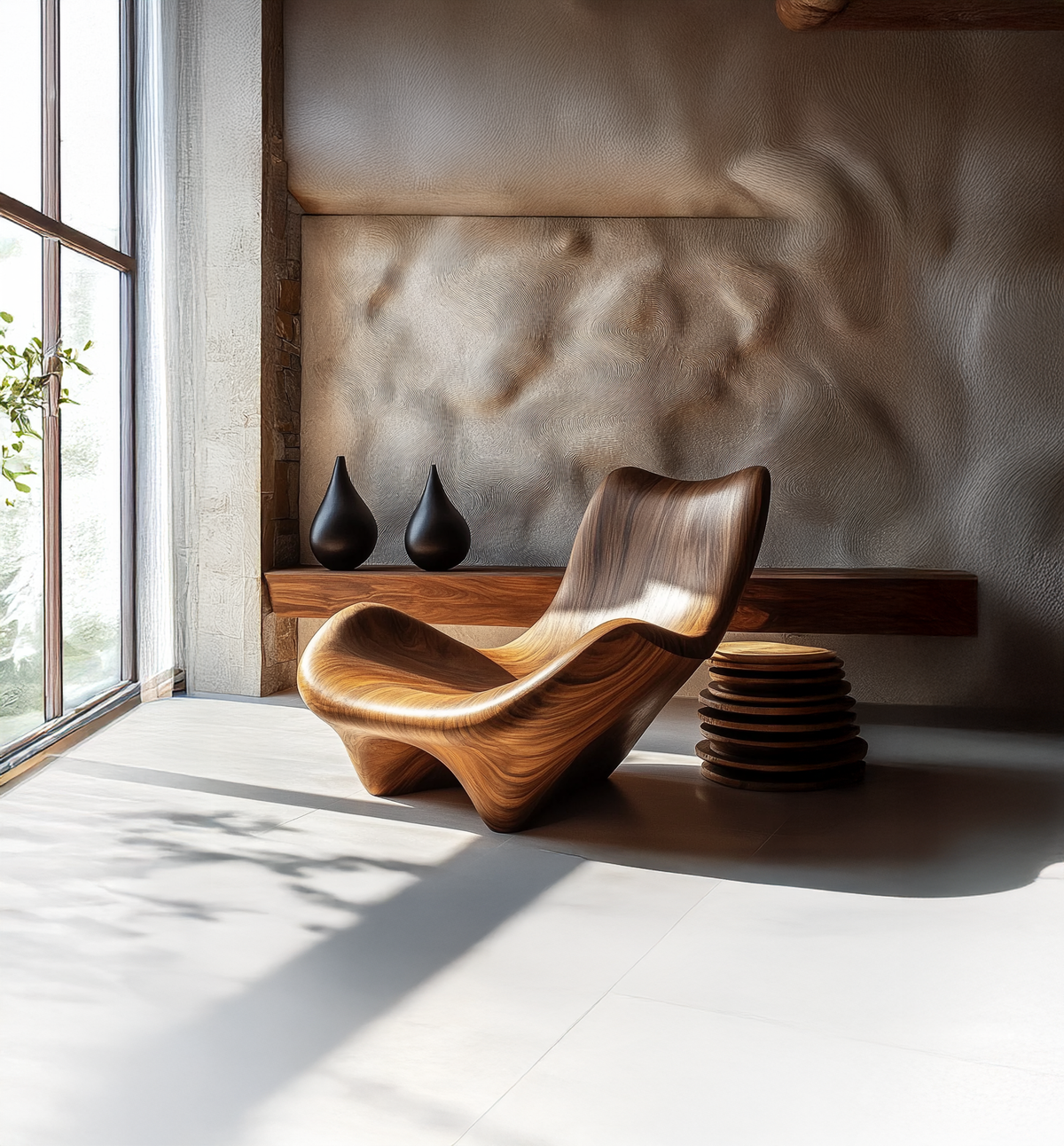 Modern wooden lounge chair with sculptural curved form