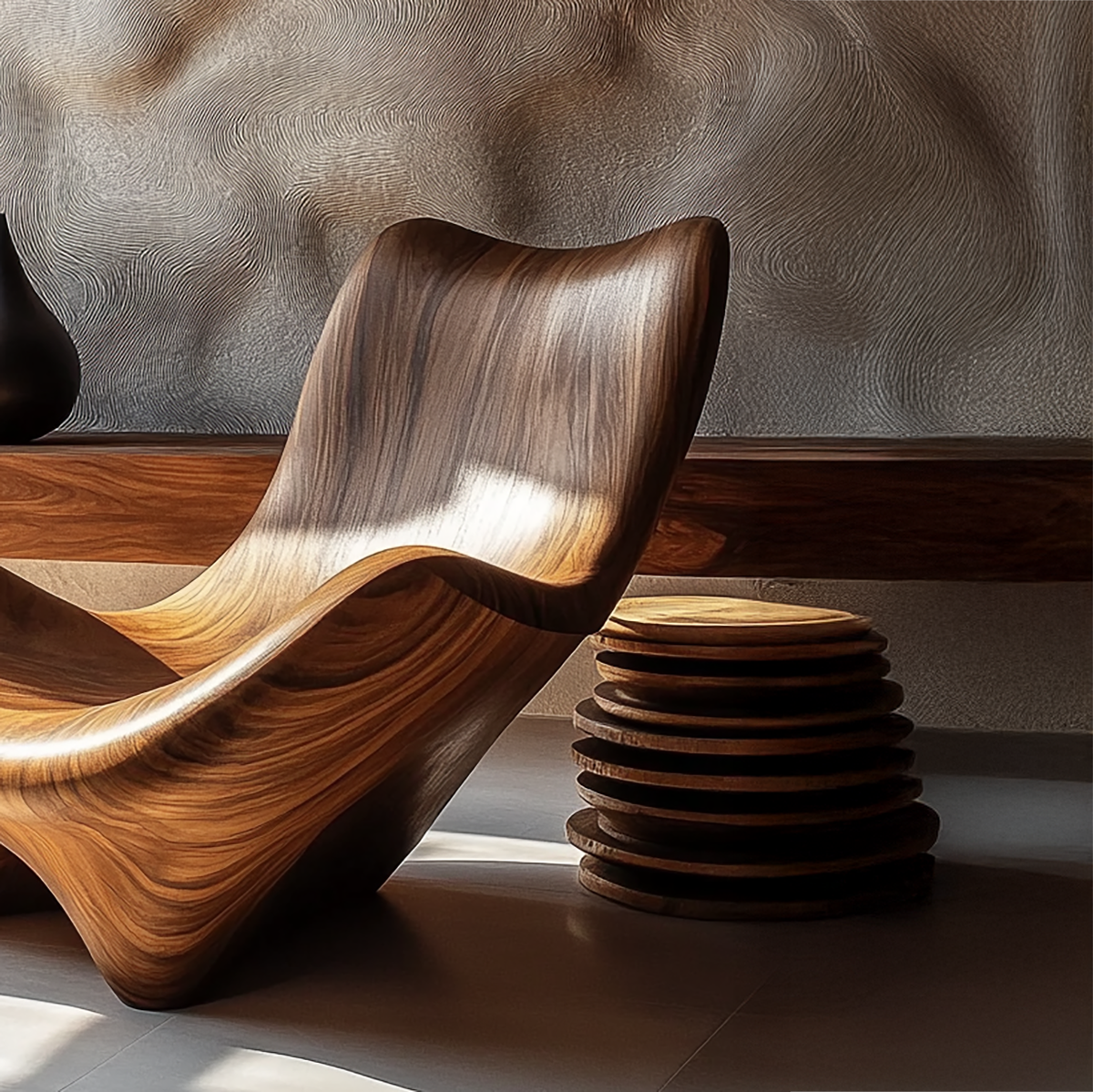 Handcrafted wave style lounge chair made from solid wood