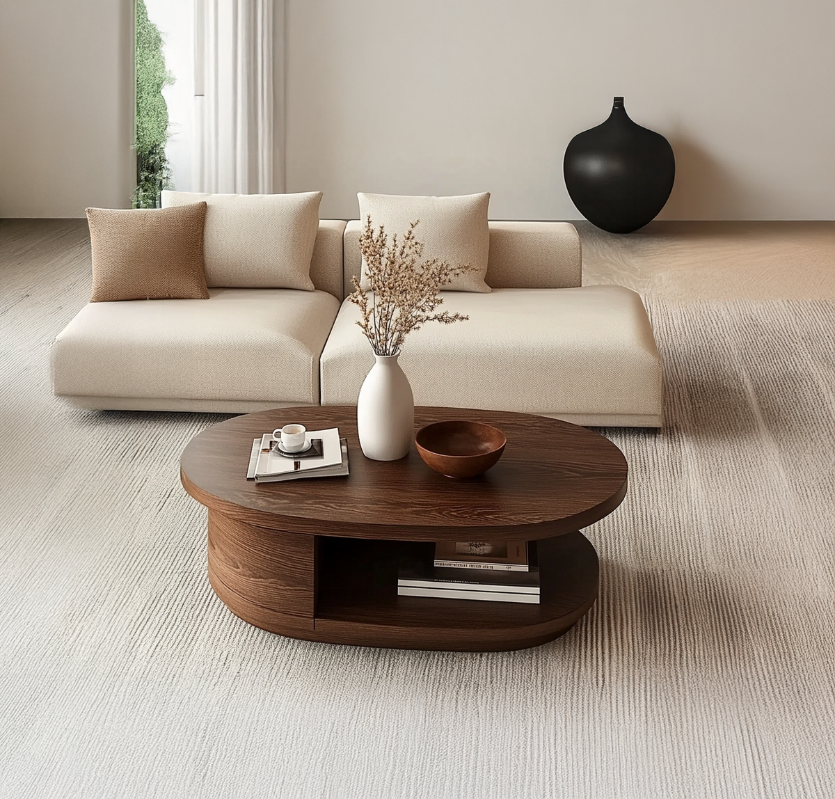 Modern round solid wood coffee table with artistic curved base