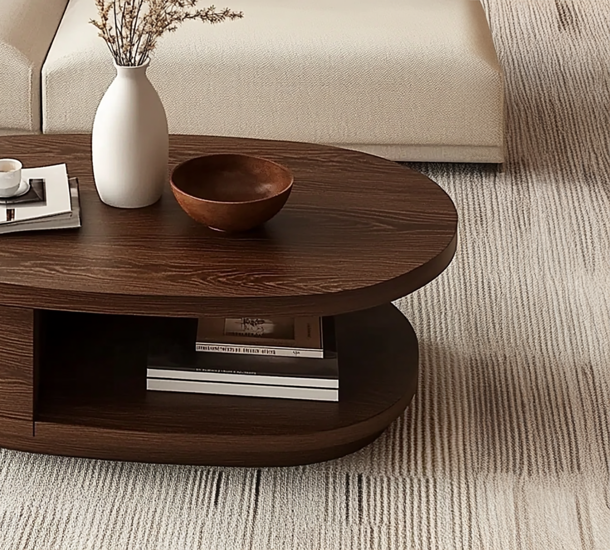 Round wooden coffee table with sculptural curved design