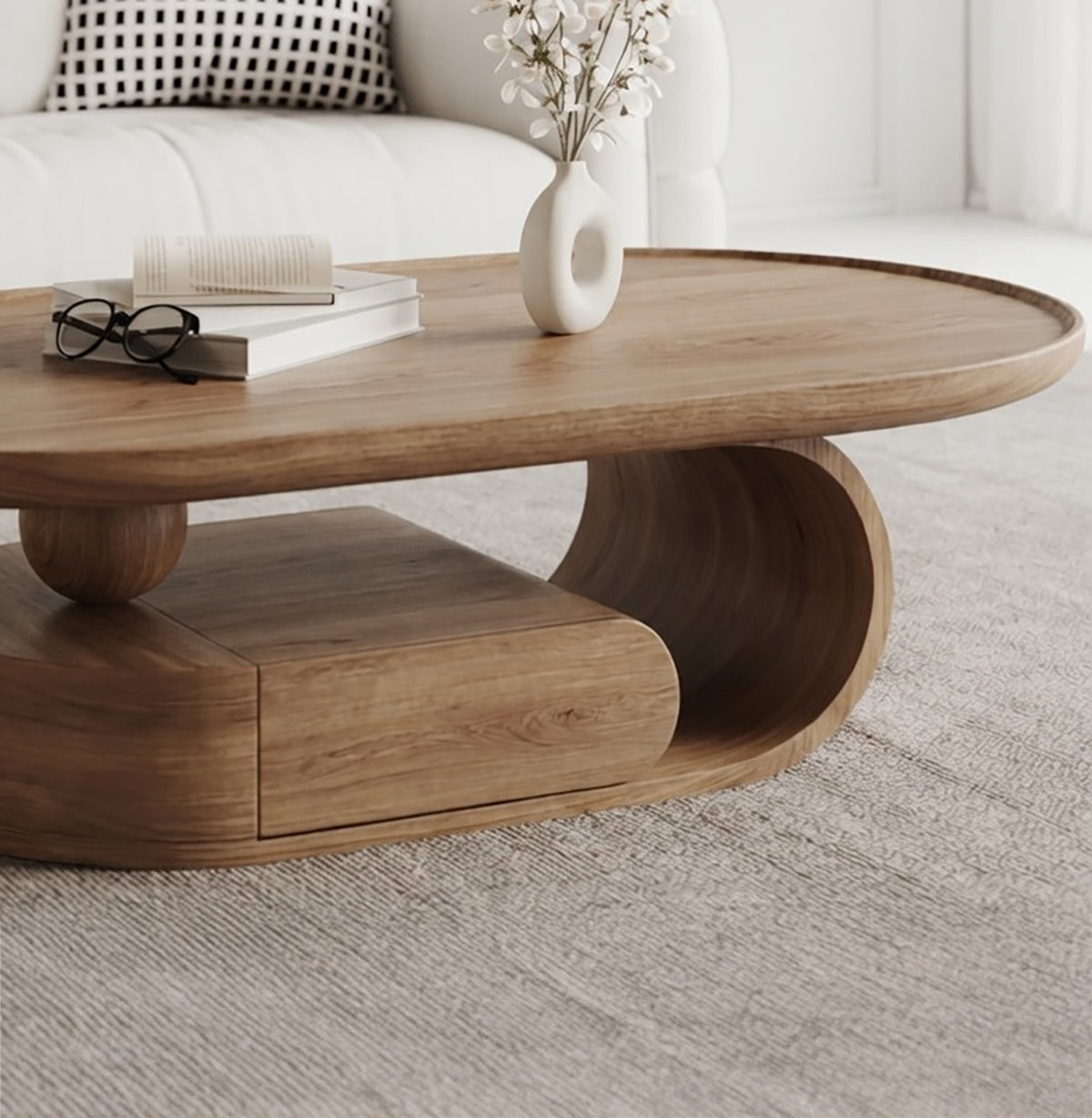 Modern solid wood coffee table with oval top and wave base