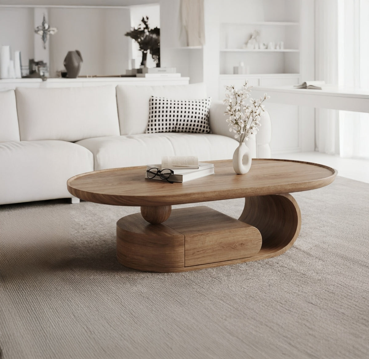 Sculptural wooden coffee table with handcrafted curved design