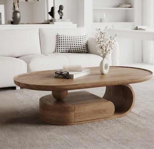 Modern Solid Wood Sculptural Coffee Table with Oval Top – Handcrafted Wave Base