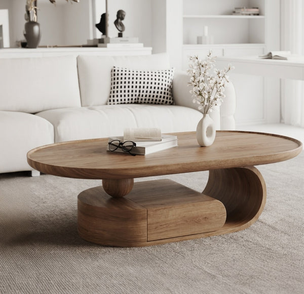 Modern Solid Wood Sculptural Coffee Table with Oval Top – Handcrafted
