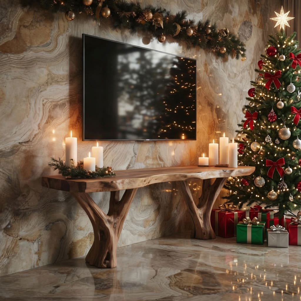 Modern solid wood TV console in a Christmas living room