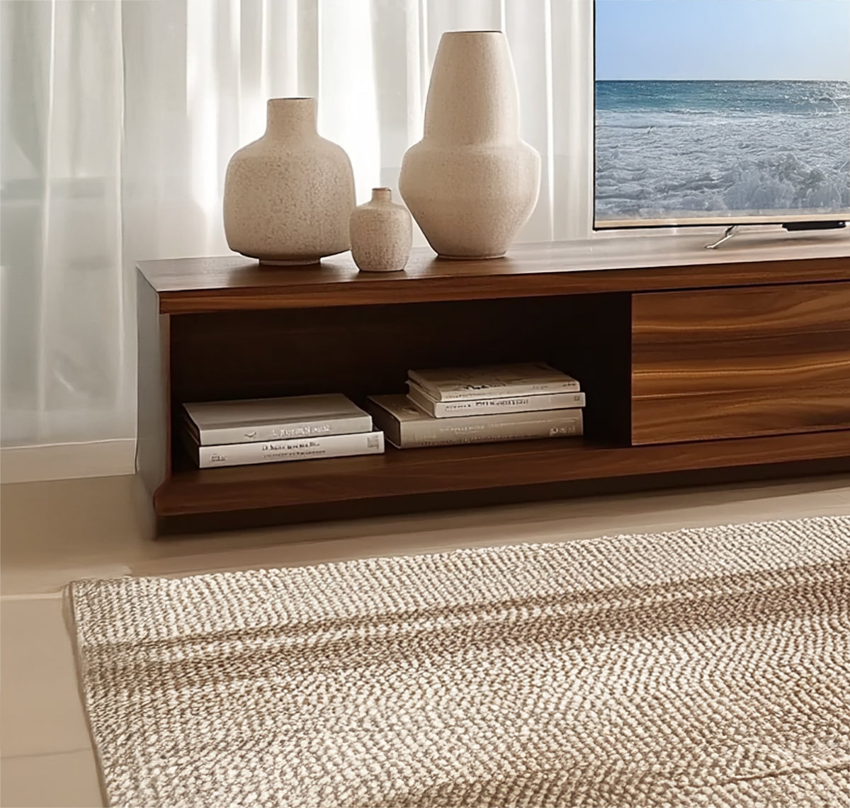 Low profile TV stand with modern solid wood design