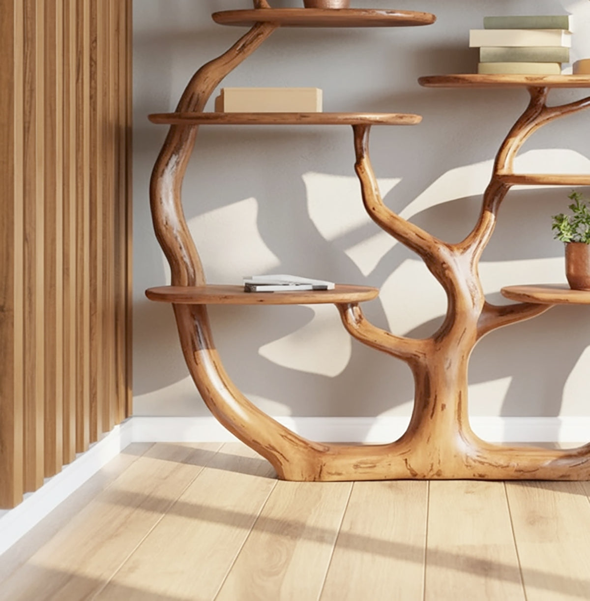Handmade wall tree bookshelf with natural branch silhouette