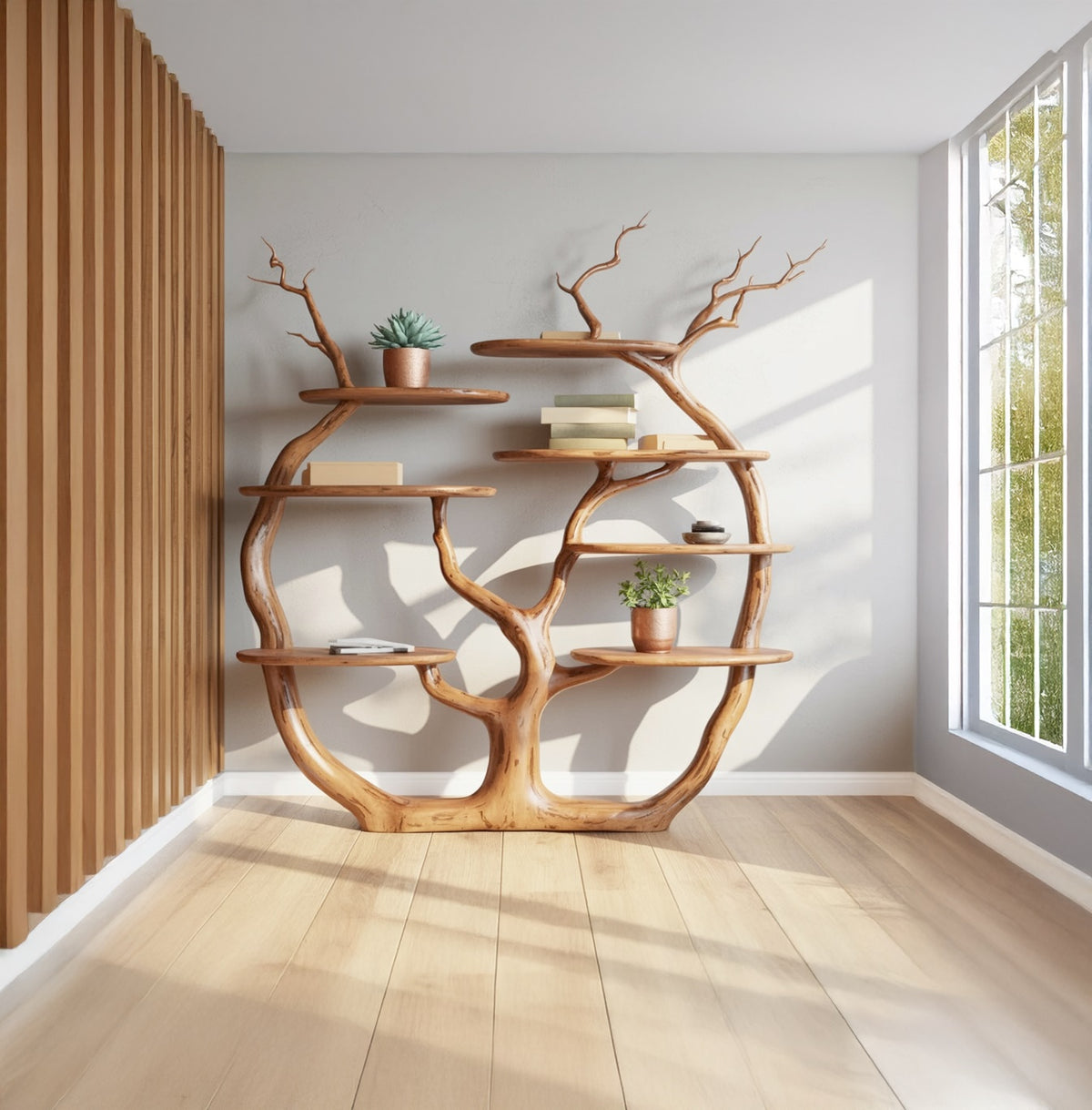 Modern tree shaped wall shelf with live edge branch design