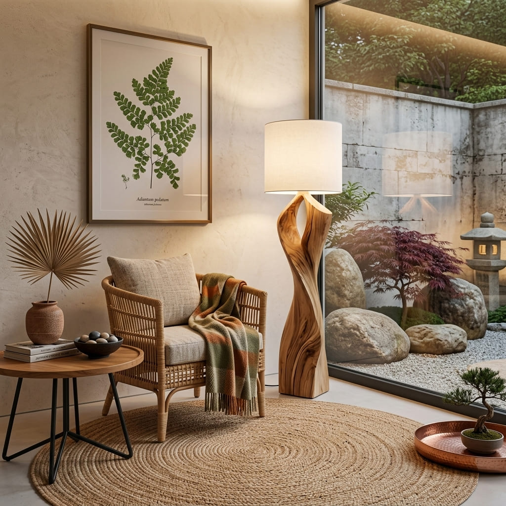 Contemporary live edge wood floor lamp beside a cozy reading chair