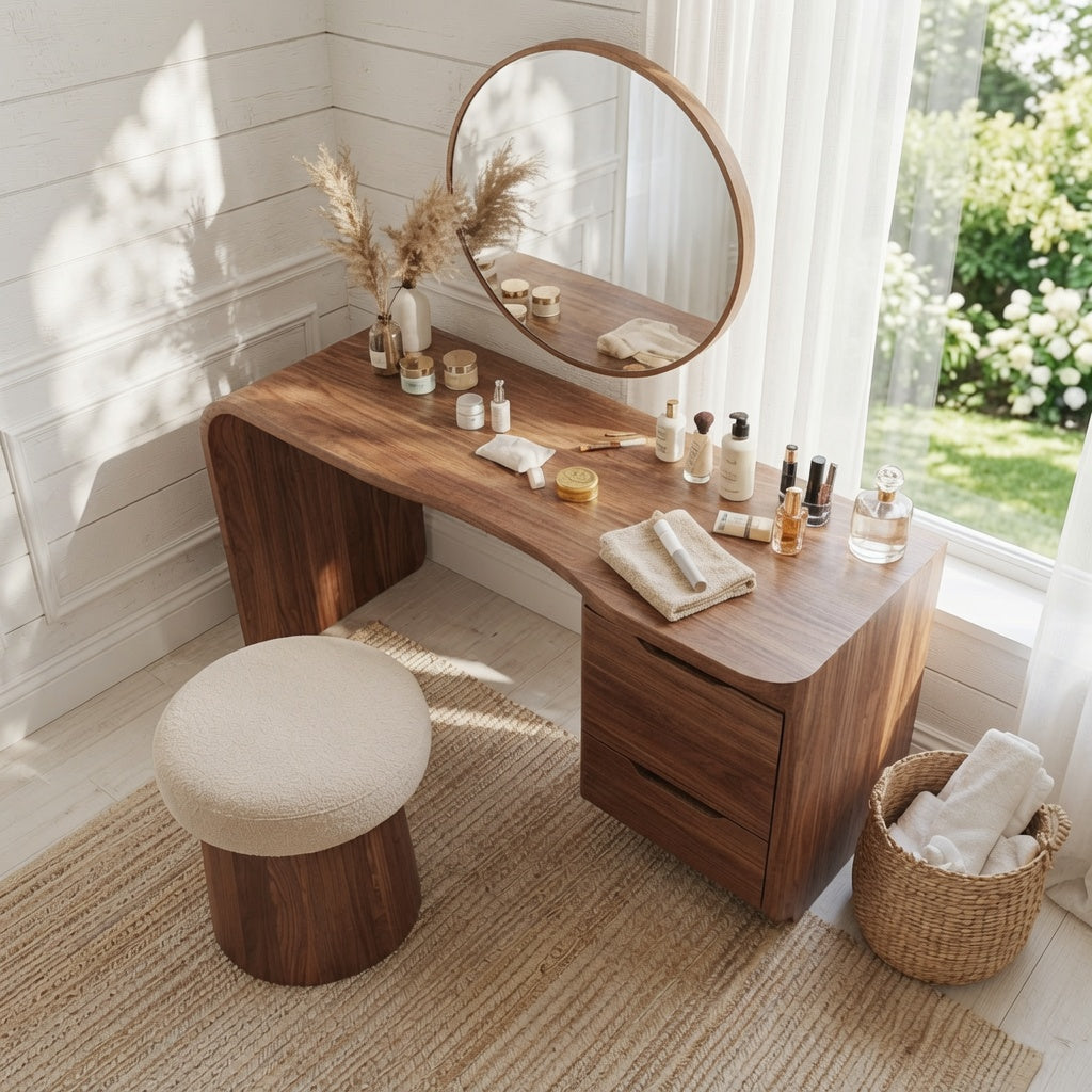 Scandinavian wooden dressing table in an elegant bedroom
