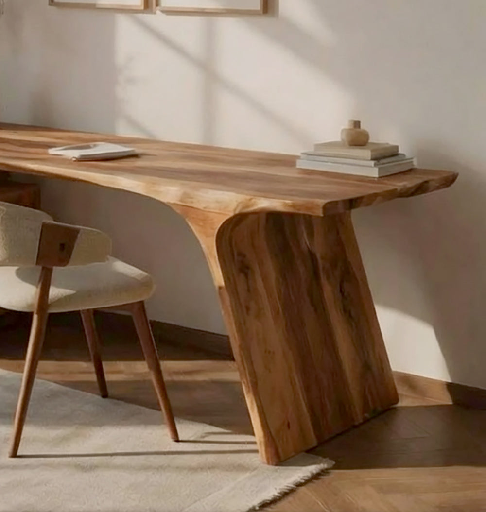 Solid wood workspace desk featuring functional drawers and a minimalist design