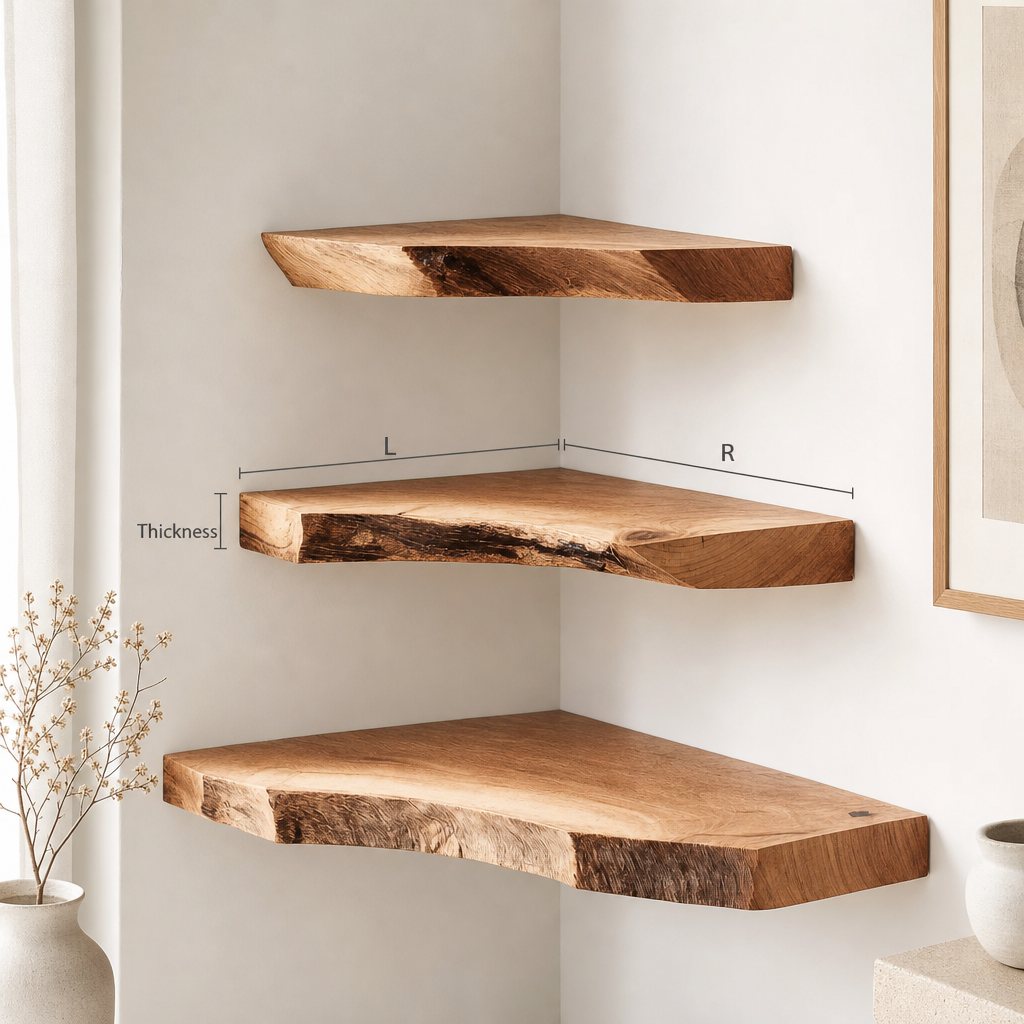 Modern Artisanal Wood Corner Shelf – Unique Organic Edge Shelving for Home Decor