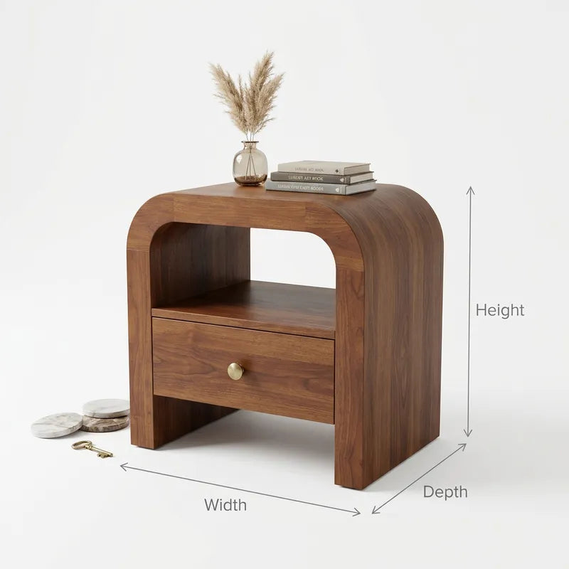 Modern Curved Solid Wood Nightstand with Drawer & Open Storage Shelf