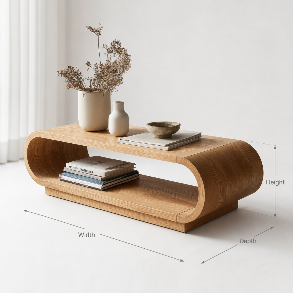Modern Curved Wood Coffee Table – Minimalist Oak Center Table with Storage Shelf