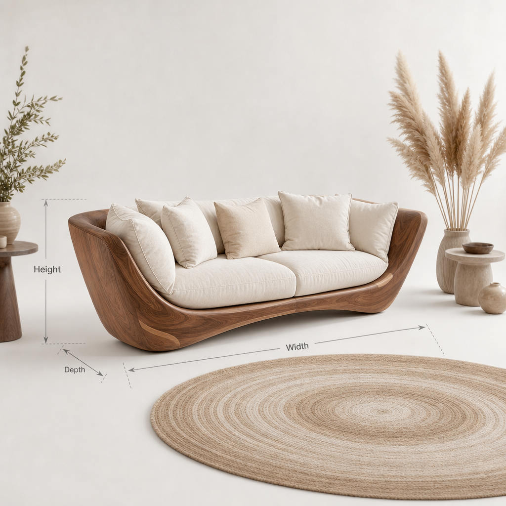 Modern Curved Wood Sofa – Handcrafted Solid Wood Frame with Cushions for Living Room