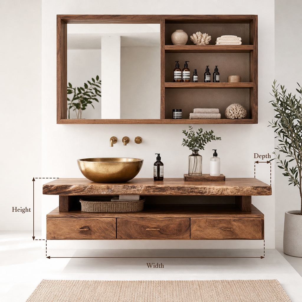 Modern Floating Wooden Vanity – Handmade Rustic Solid Wood Bathroom Cabinet