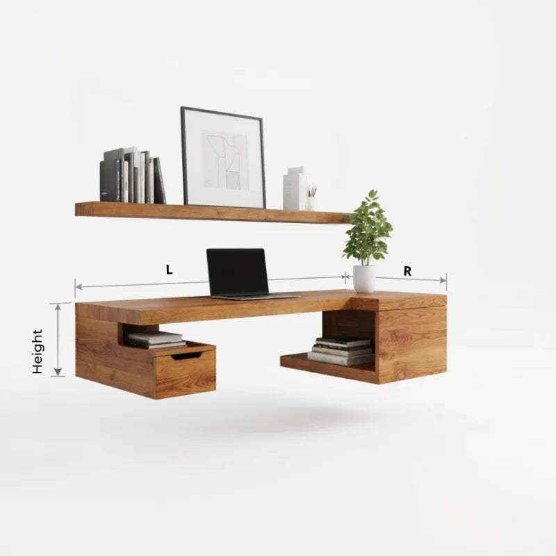 Modern Handcrafted Solid Wood Floating L-Shaped Corner Desk with Integrated Storage Cubbies & Drawer