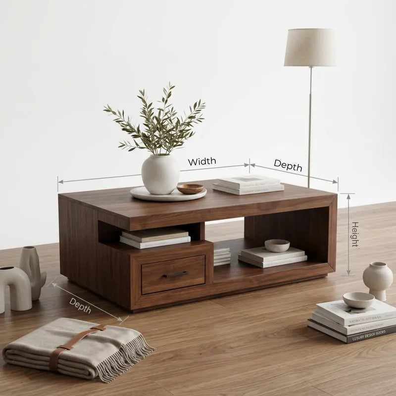 Modern Handcrafted Solid Wood Plinth Coffee Table with Cantilevered Top, Storage Cubby & Drawer