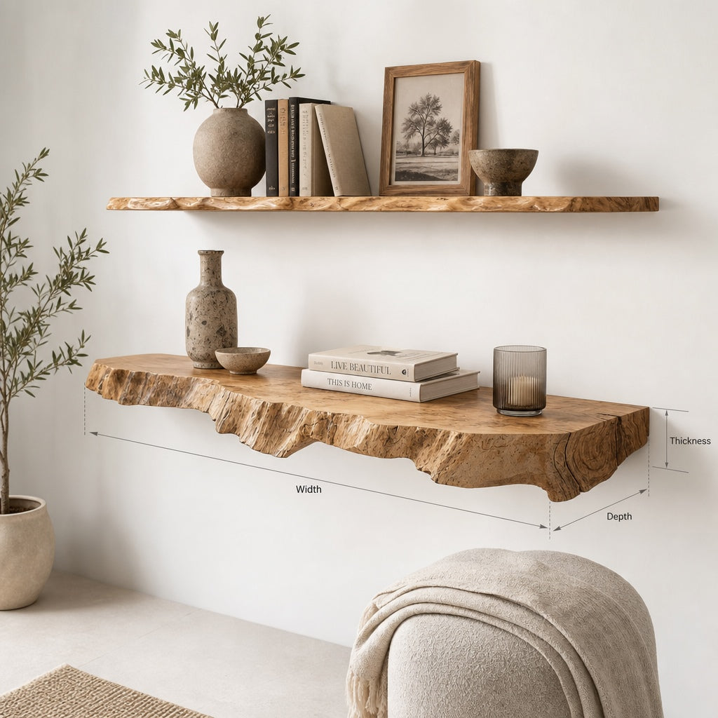 Modern Live-Edge Floating Shelf for Glassware & Bottles | Natural Wood Bar Shelf