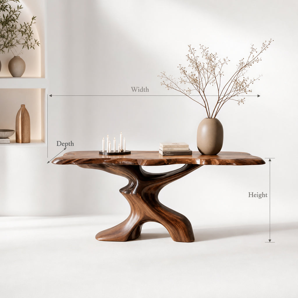 Modern Live Edge Console with Tree Branch Base – Organic Wood Media Cluster