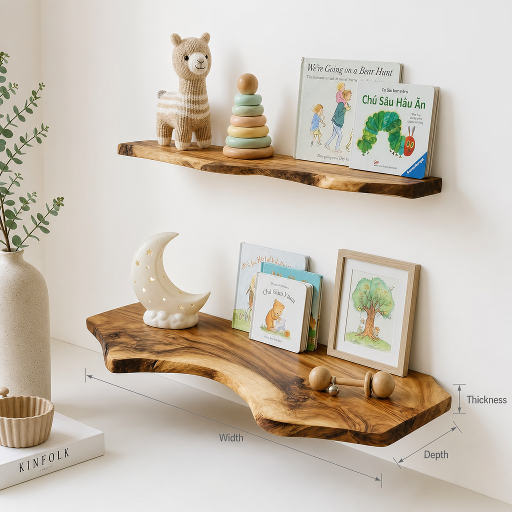 Modern Natural Wood Floating Shelves - Handcrafted Live Edge Decor for Kids' Spaces