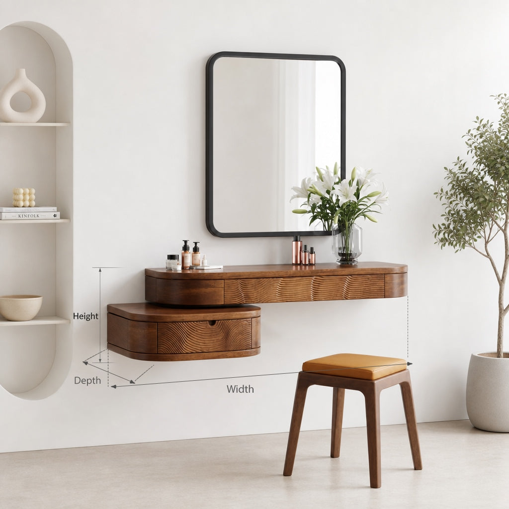 Modern Organic Floating Wood Vanity Desk – Rippled Grain Design