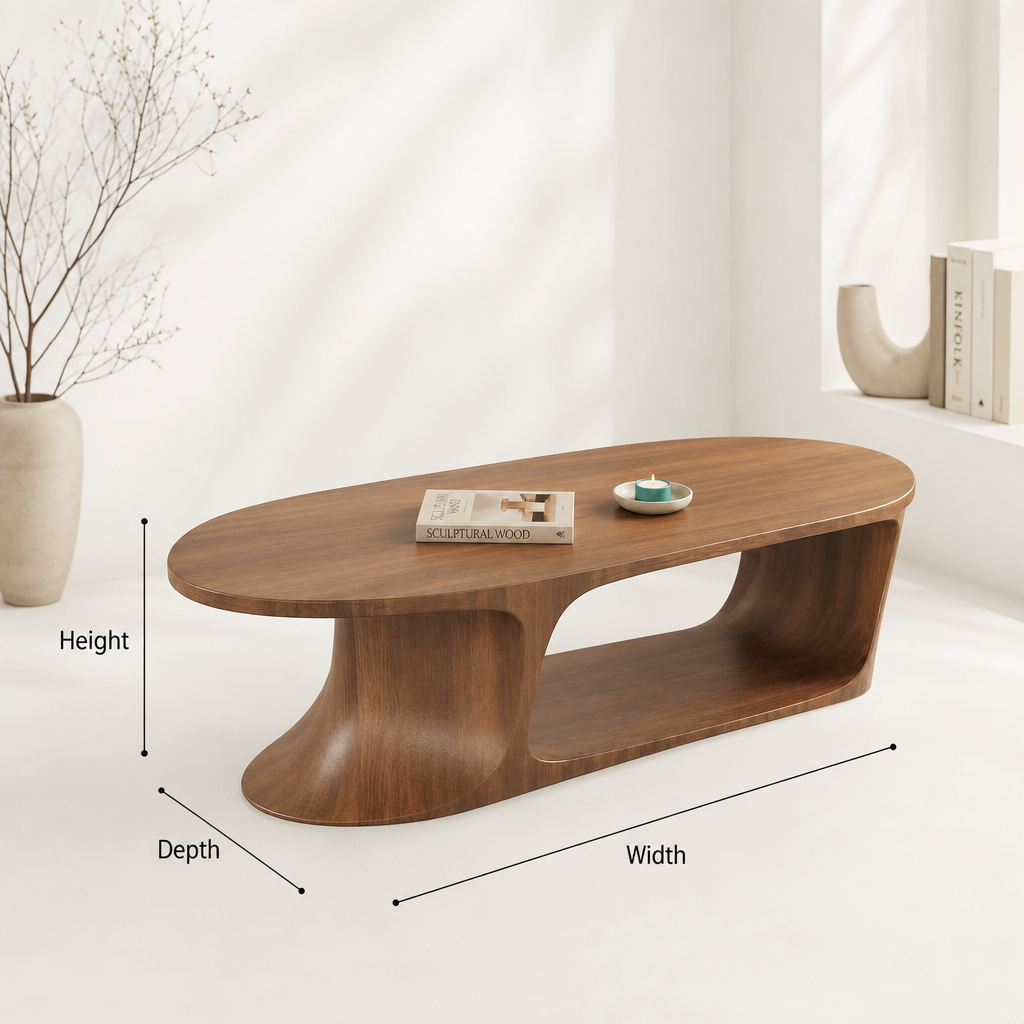 Modern Oval Curved Wood Center Table, Handmade Living Room Furniture