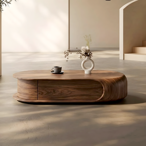 Modern Oval Solid Wood Coffee Table with Storage Drawer