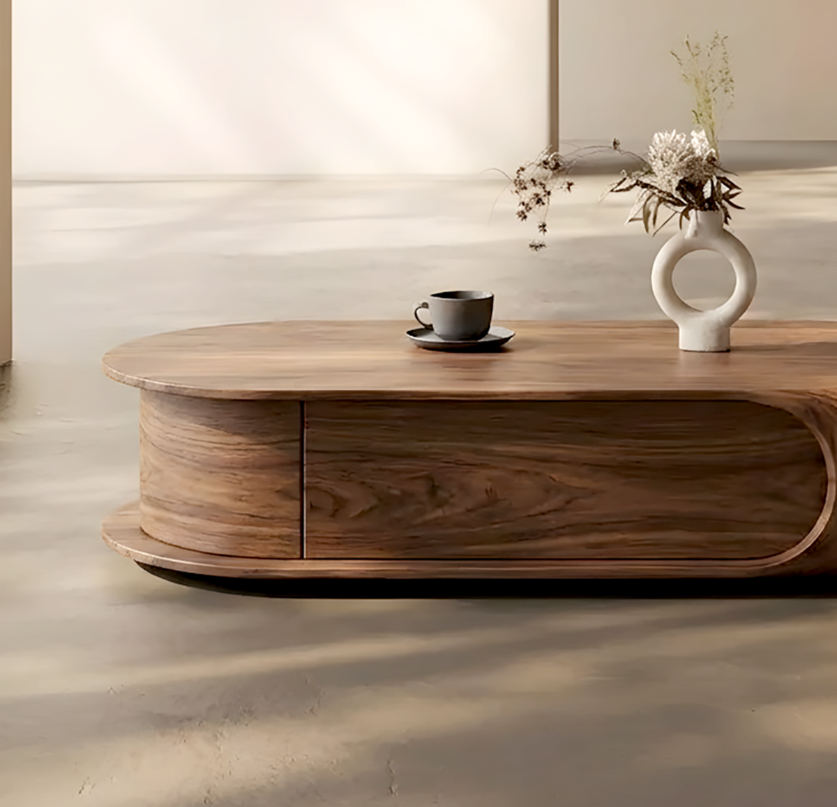 Modern Oval Solid Wood Coffee Table with Storage Drawer