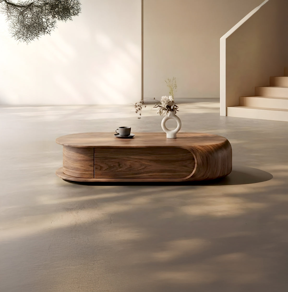 Modern Oval Solid Wood Coffee Table with Storage Drawer