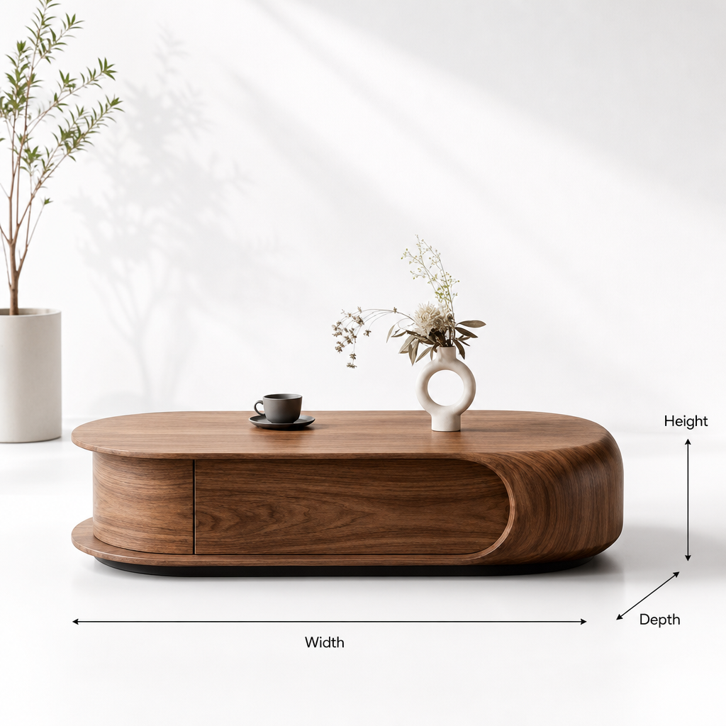 Modern Oval Solid Wood Coffee Table with Storage Drawer
