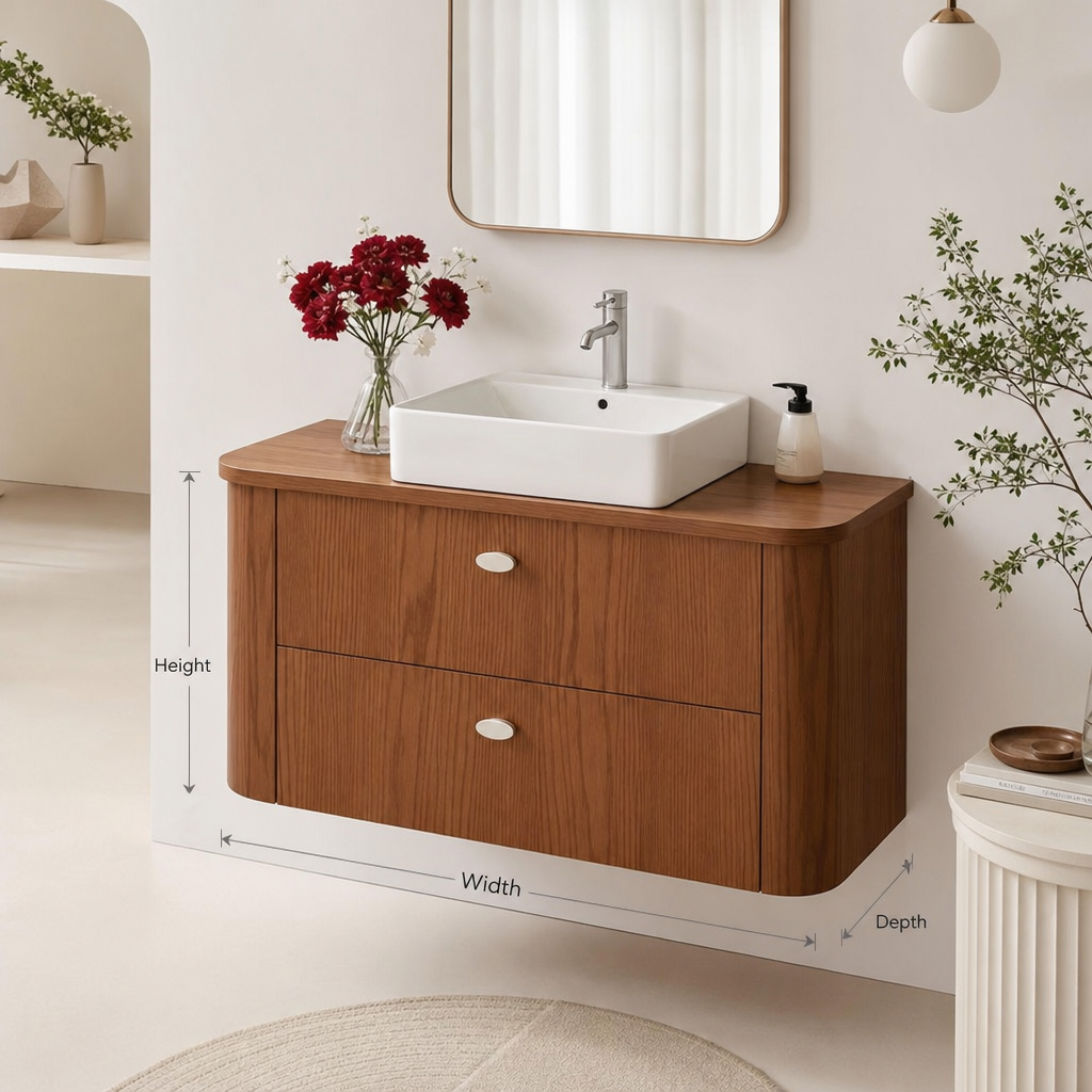 Modern Solid Wood Floating Bathroom Vanity with Drawers-Handcrafted Curved Design