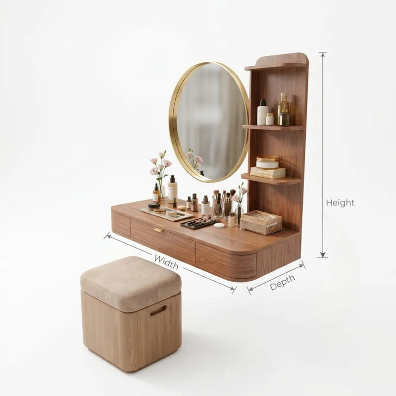 Modern Solid Wood Floating Vanity Desk with Integrated Wall Shelves