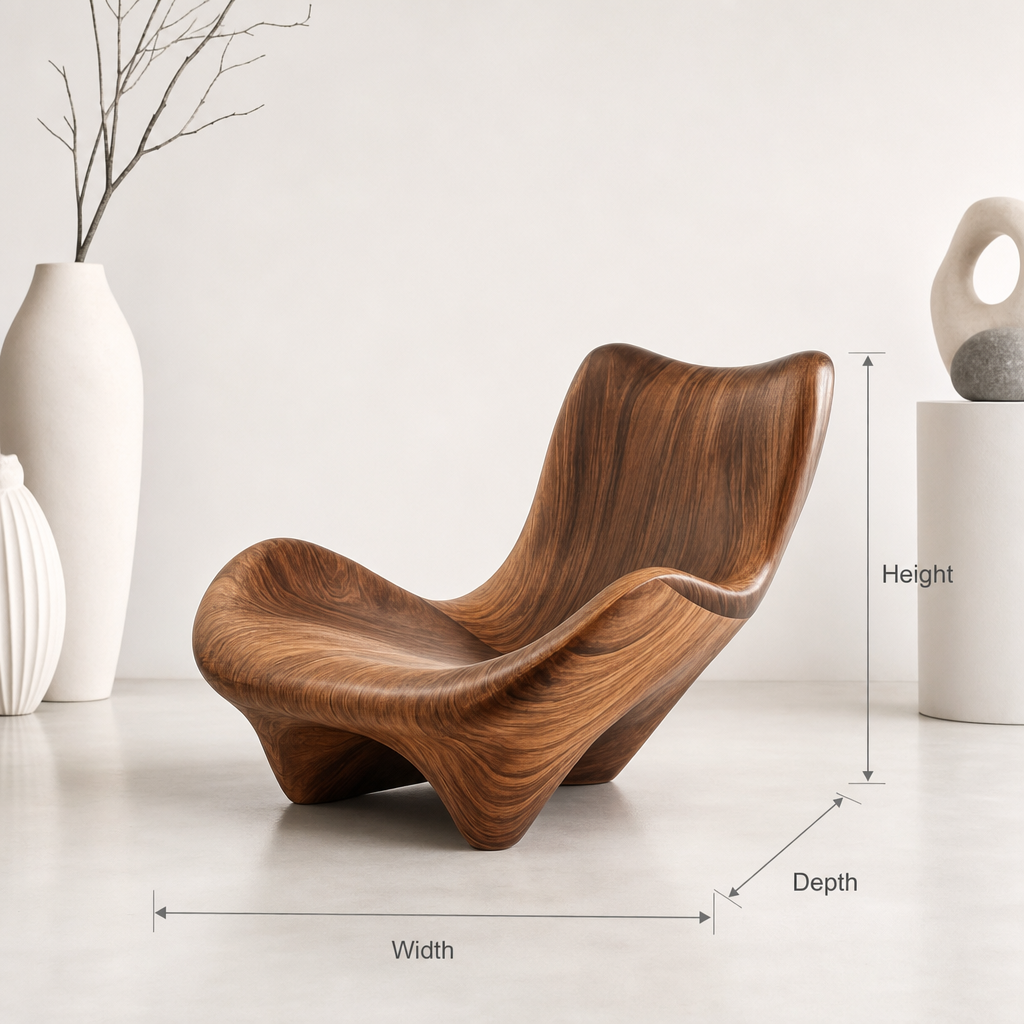 Modern organic handcrafted solid wood lounge chair with wave sculpture design