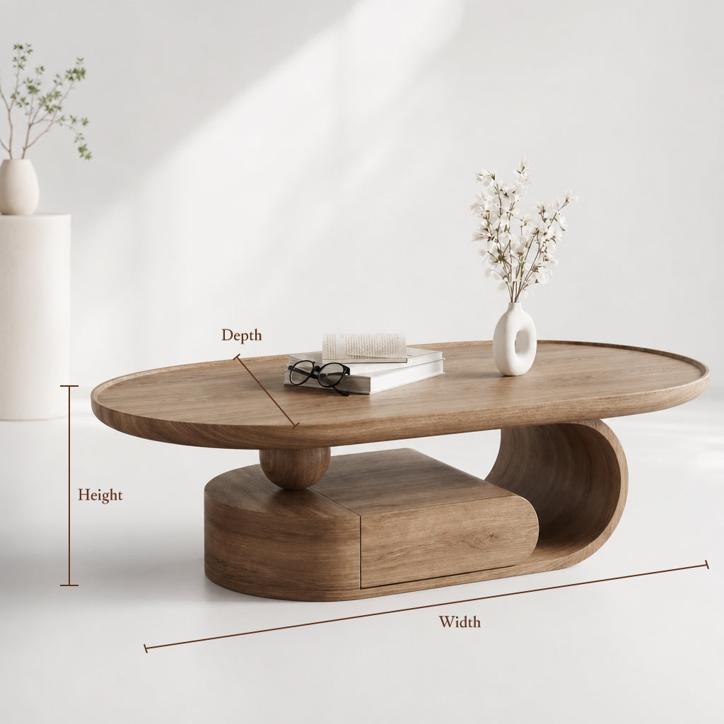 Oval top coffee table with artistic wave wood base