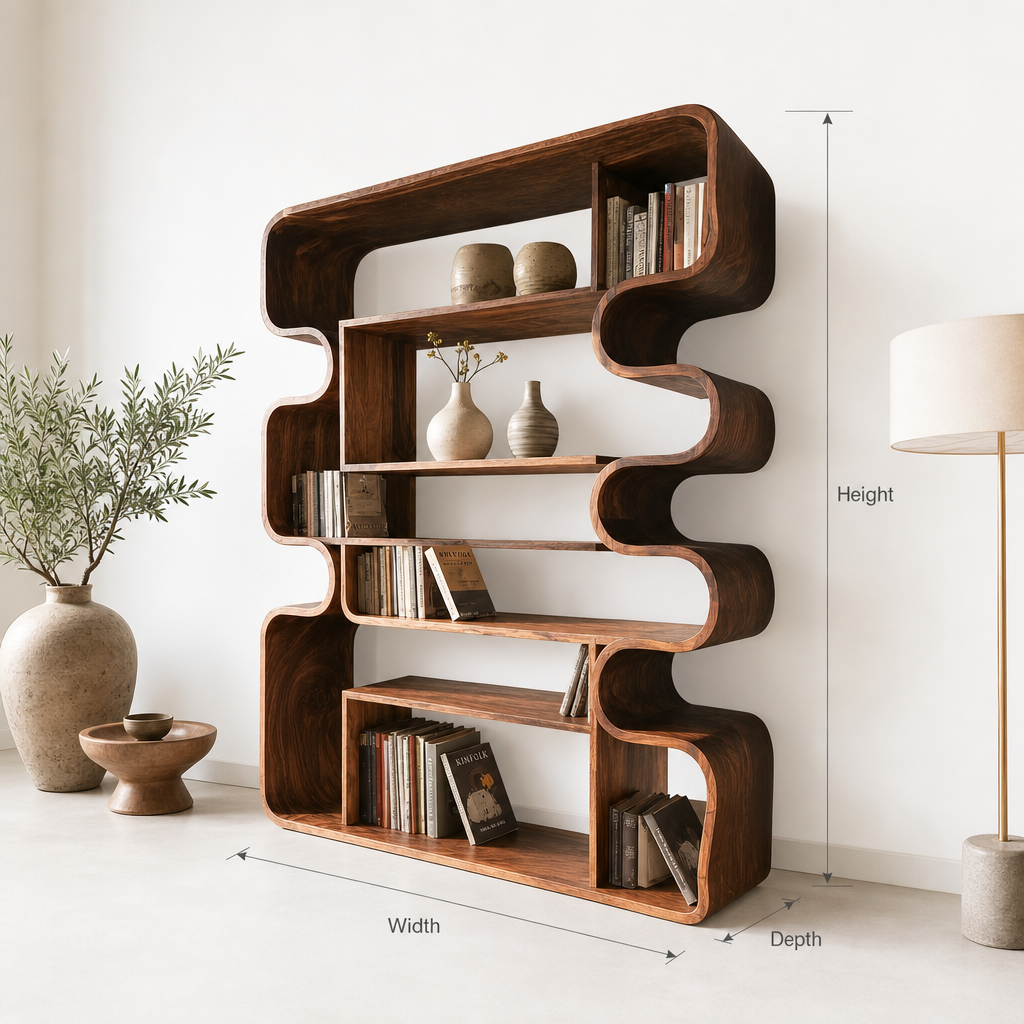 Modern Wooden Bookshelf with Sculptural Curved Design – Contemporary Display Shelf